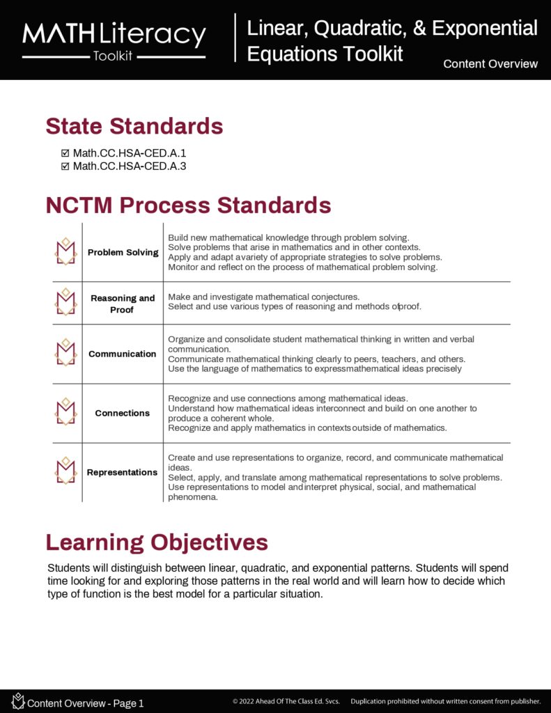 Linear, Quadratic, and Exponential Equations and Inequalities Toollkit